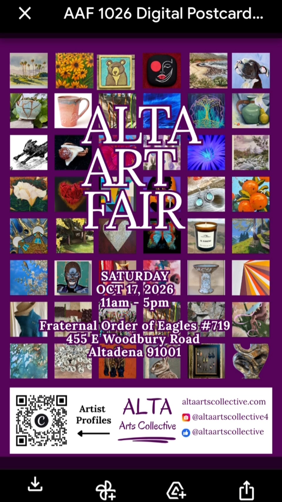 Artists @altaartscollective4 will be both indoors and outside. Our booth will be inside. Please pop in! Check out this list of participating artists. Ooooeeee!  It will be fun😁

📆: Oct 17, 2026
📍: Fraternal Order of Eagles #719.  455 E Woodbury Rd Altadena
⏰: 11am - 5pm
🎟️: Free to all. One day only.